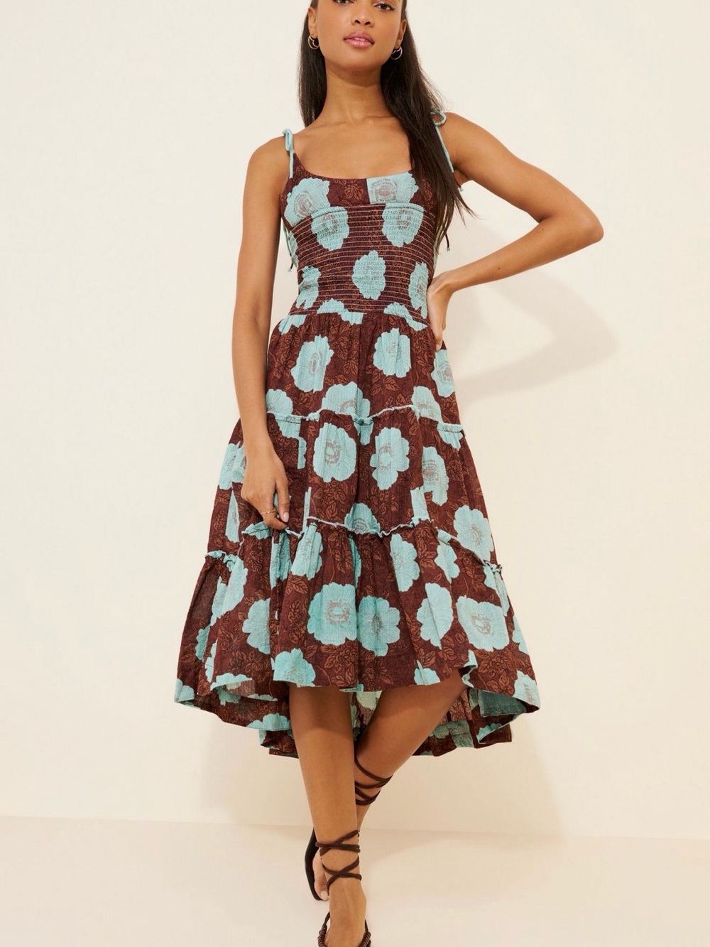 Free People Brown Dress with Light Blue Floral Print